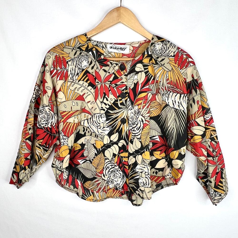 Vintage Take Off Floral Tiger Dolman Sleeve Crop Top Large